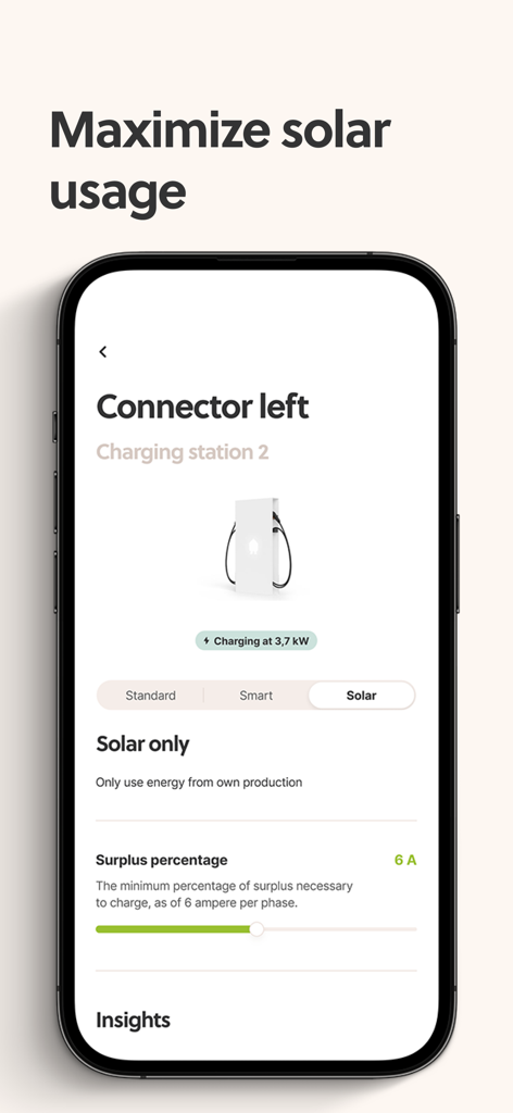 Smappee app interface showing solar charging options for an electric vehicle charging station.