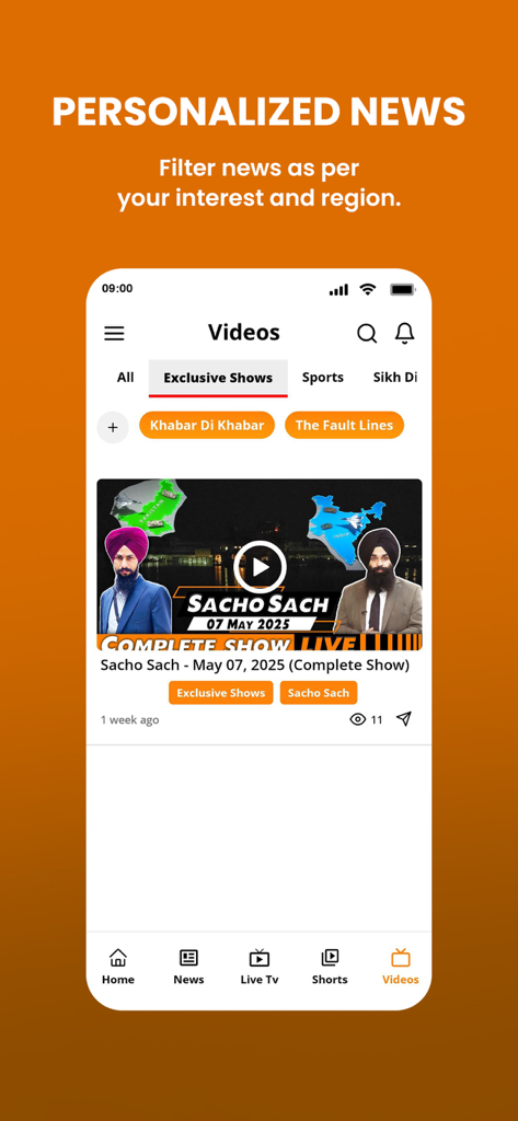 TV84 News - TV84 News mobile app interface showing personalized video content with categories like exclusive shows and sports