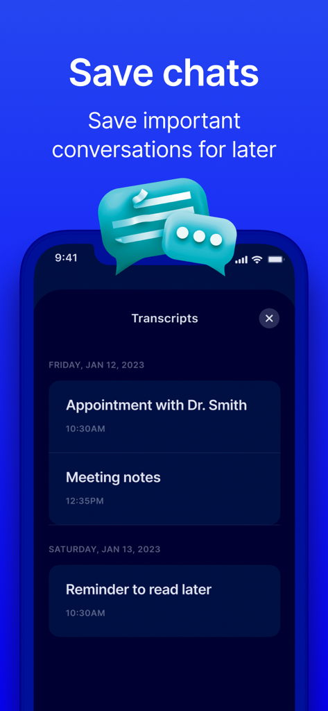 Uma lista de transcrições salvas no aplicativo Live Transcribe mostrando títulos de conversas como Consulta com Dr. Smith