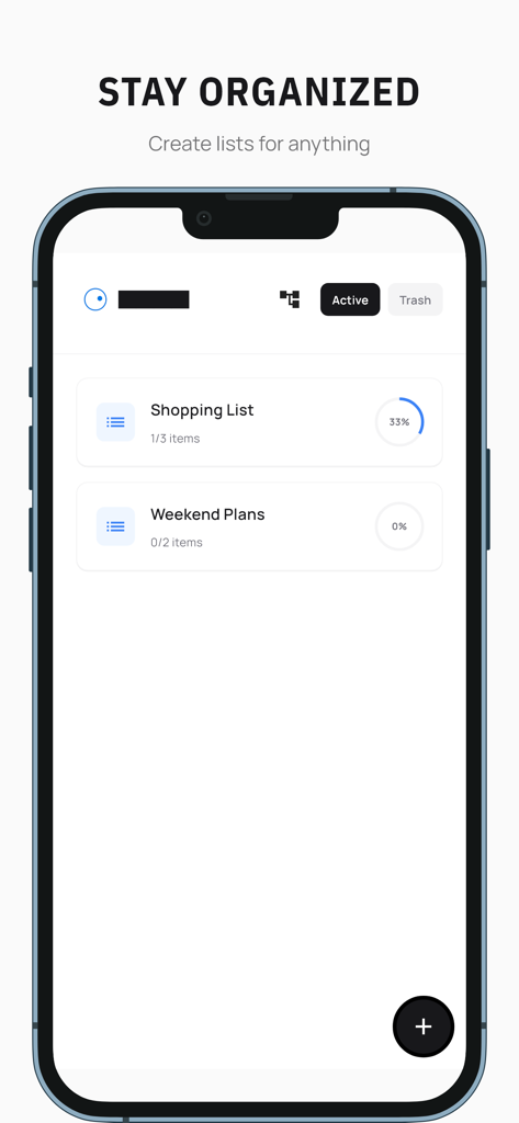 Zodo - Pantalla minimalista de gestión de listas en la aplicación Zodo que muestra planes de compras y de fin de semana