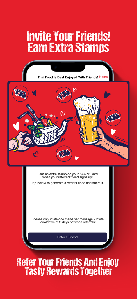 Club ZAAP mobile app screen showing the referral program to invite friends and earn extra loyalty stamps.