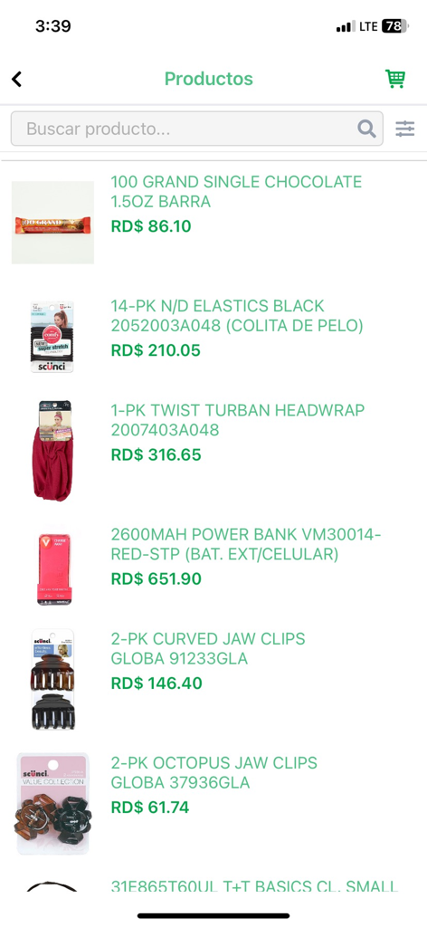 Carol App - Captura de pantalla del catálogo de productos de Carol App que muestra artículos como snacks y accesorios con precios en pesos dominicanos.