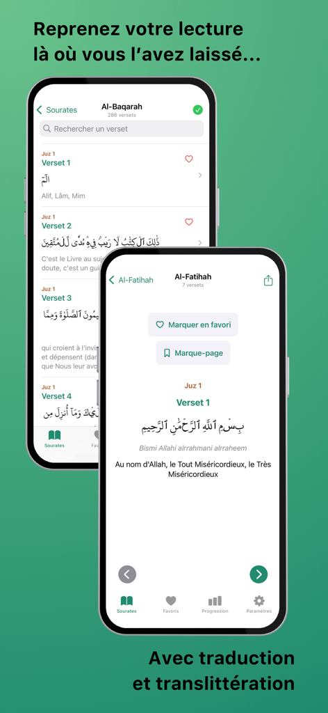 Surah - Surah app interface on iPhone showing Quran verses with translation and transliteration