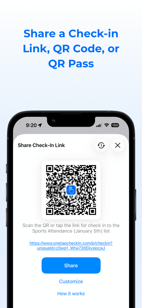 OneTap Check-In mobile app interface showing a QR code and shareable link for event attendance tracking