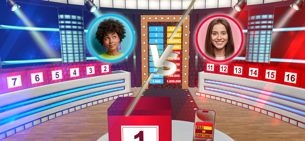 Game show interface for Deal or Continue featuring numbered briefcases and a prize ladder