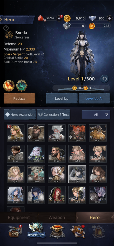 VALHALLA SURVIVAL - Valhalla Survival hero management screen featuring the sorceress Sveila and a grid of collectible characters.