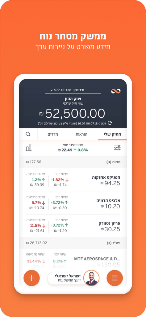 Mizrahi-Tefahotモバイルアプリのインターフェース、株式市場のポートフォリオ、詳細な証券情報、およびイスラエル・シェケルでの総残高を表示