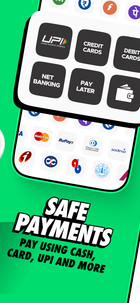 Bistro: Food in minutes - Bistro food delivery app interface showing various secure payment methods like UPI credit cards and net banking