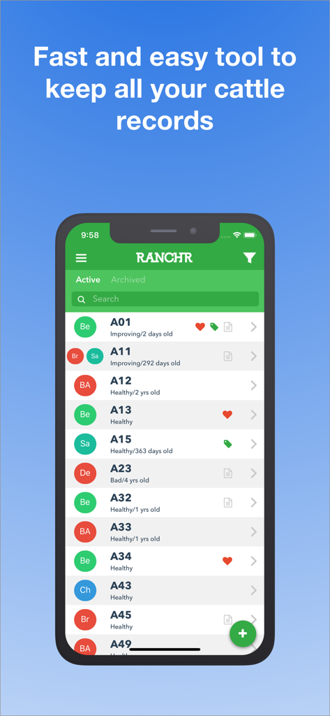 Ranchr mobile app interface showing a digital list of cattle with health status and ear tag records