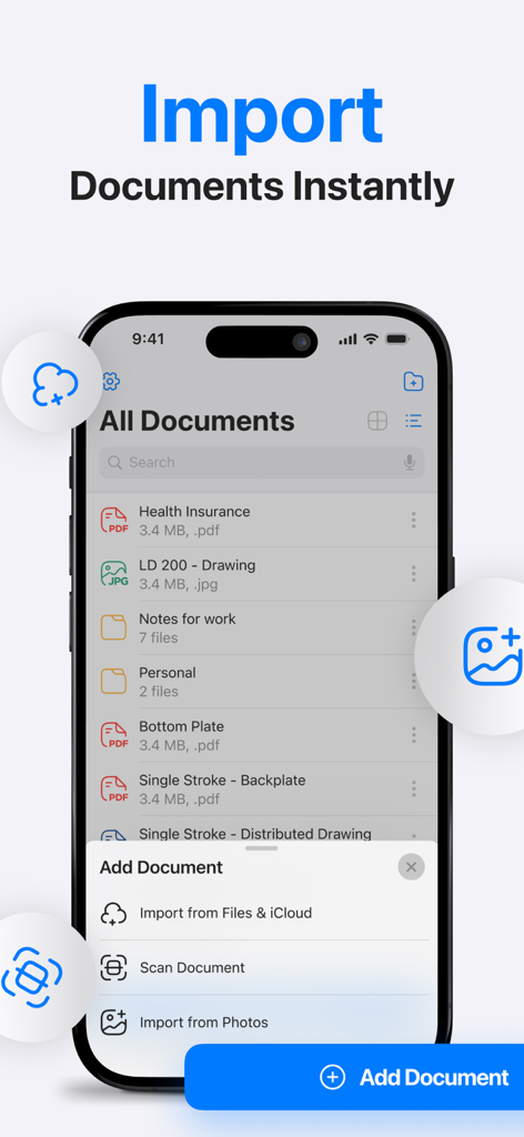 PDF Document Scanner App + - La interfaz de la aplicación PDF Document Scanner mostrando opciones para escanear o importar documentos desde archivos y fotos