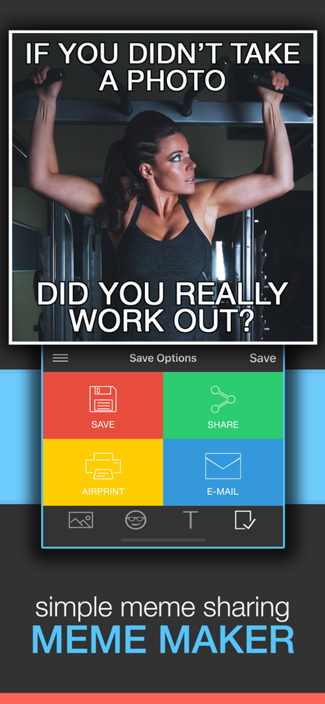 Meme Creater - Meme Generator - Interfaz de la aplicación Meme Creator mostrando opciones de guardar y compartir para un meme de gimnasio personalizado