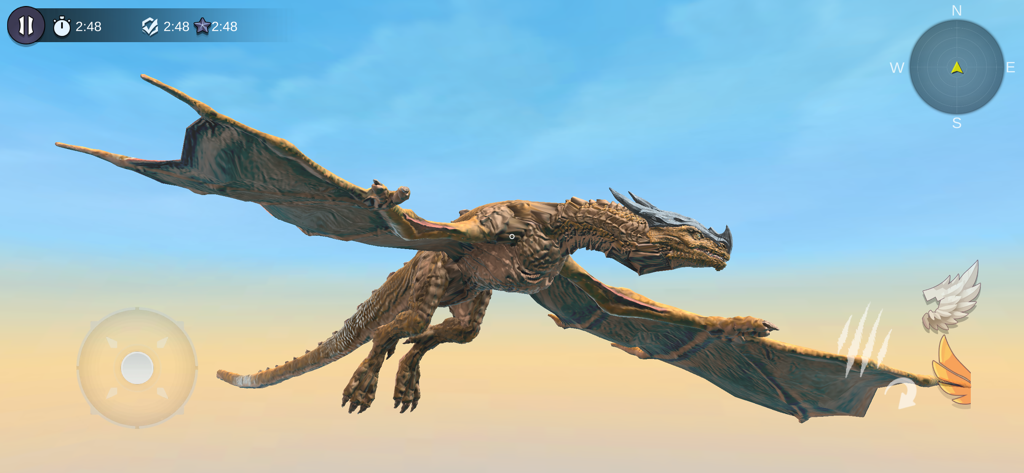 Dragon Flight Simulator Game 2 - Brown dragon flying in a blue sky with mobile game interface