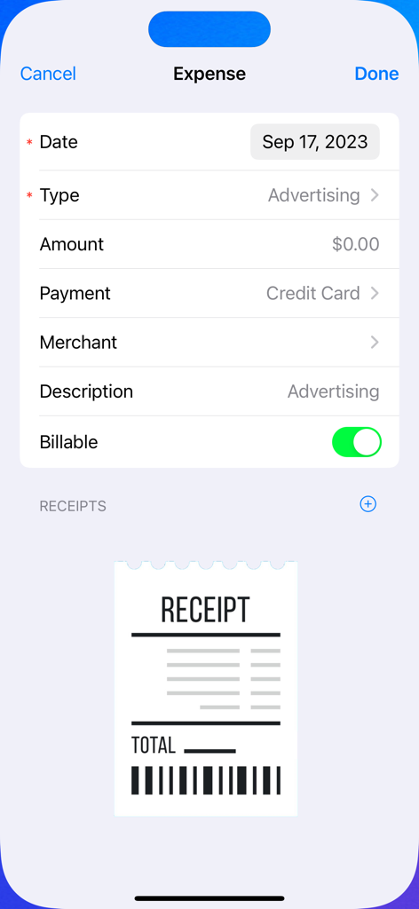Expenses for Business - Mobile Anwendungsoberfläche zur Erfassung einer neuen Geschäftsausgabe mit Feldern für Betrag und Beleganhang