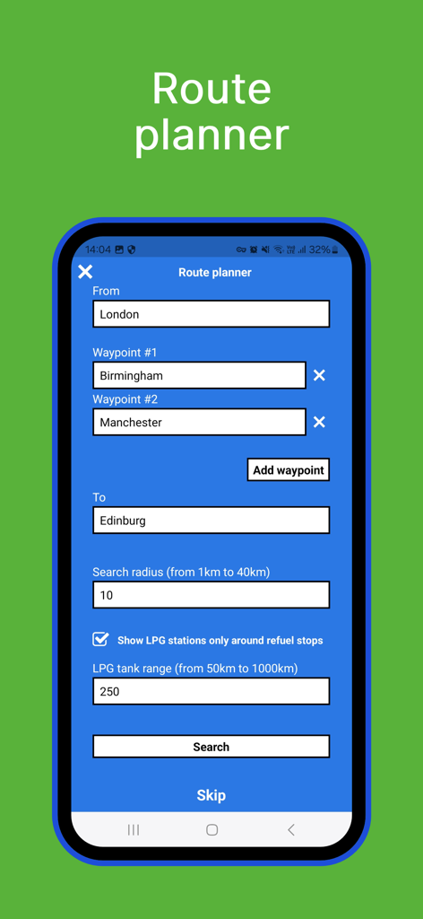Mobile App-Routenplaner-Oberfläche zum Finden von Propangas-Tankstellen entlang einer bestimmten Fahrroute