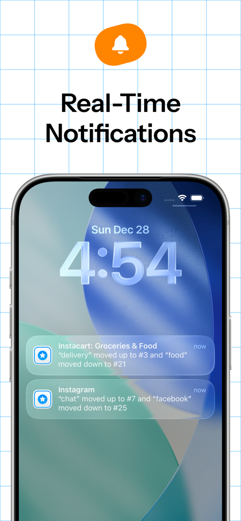 iPhone 잠금 화면에서 실시간 앱 스토어 키워드 순위 변경 알림