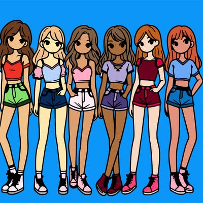 a group of girls wearing crop tops and shorts