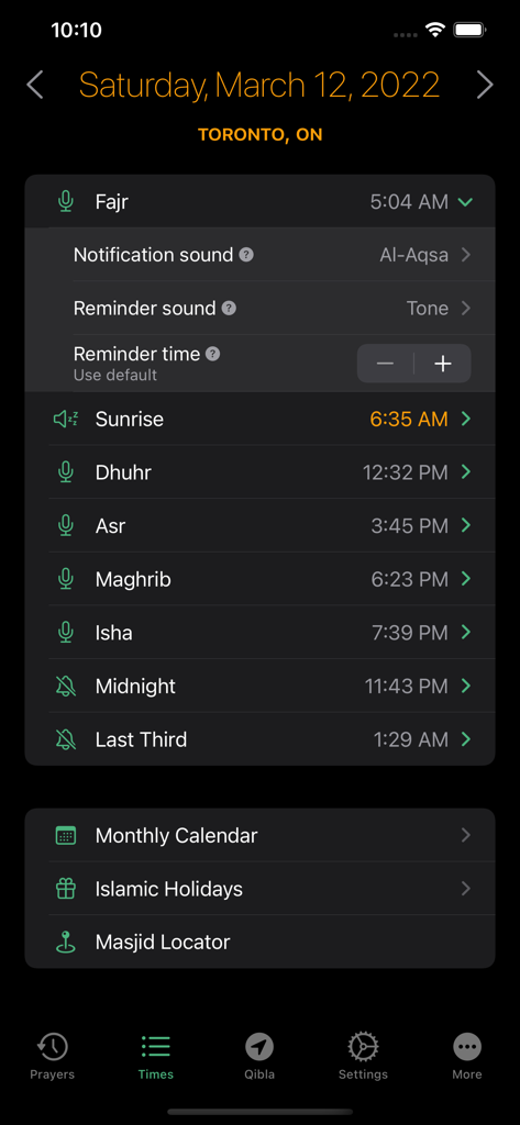 Pray Watch - Liste des horaires de prière islamiques et paramètres de notification dans l'application mobile Pray Watch