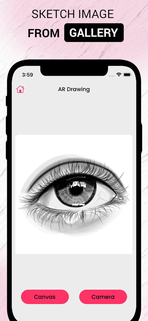 Pantalla de smartphone que muestra la aplicación AR Drawing con un detallado boceto de ojo importado de la galería.