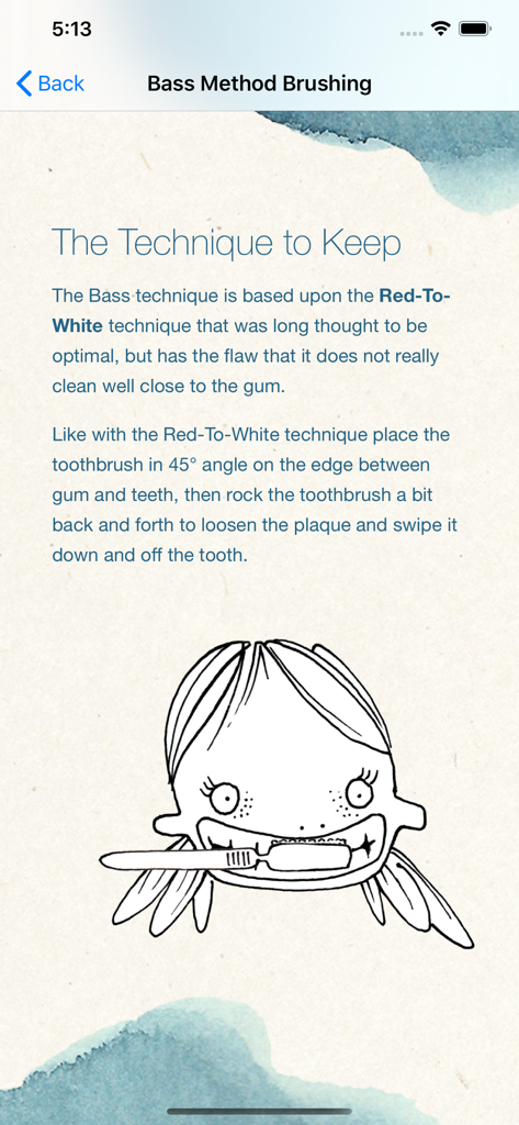 MyTeeth - Educational screen in MyTeeth app explaining the Bass Method brushing technique with a character illustration.