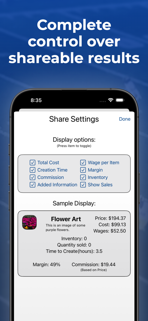 Craft Pricing Assistant Pro - Craft Pricing Assistant Proアプリの共有設定画面。プロジェクトレポートの表示オプションが表示されています。