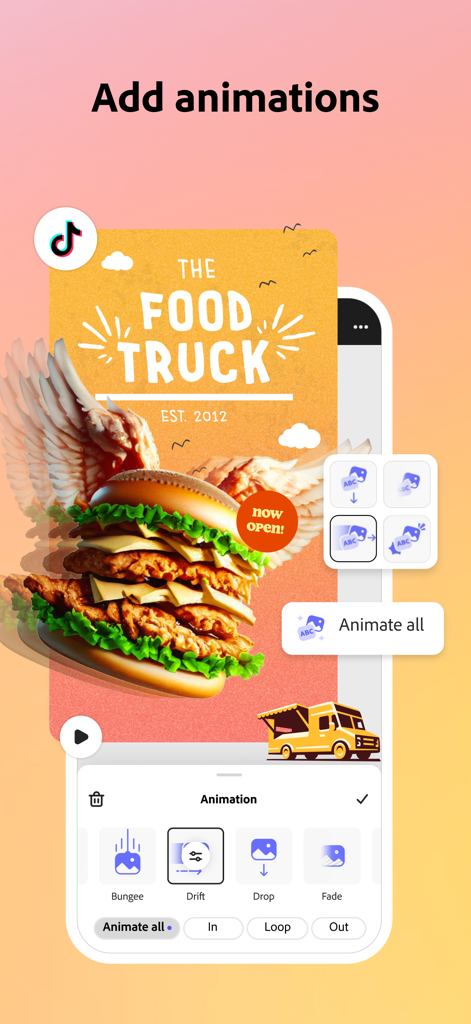 Interface de l'application mobile Adobe Express montrant comment ajouter des animations de mouvement à un graphique de réseau social pour un food truck