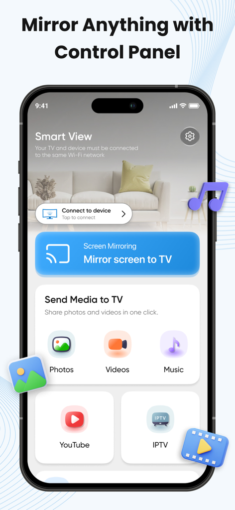 Smart View : Screen Cast - Interface do aplicativo Smart View em um iPhone exibindo opções para espelhamento de tela e transmissão de mídia