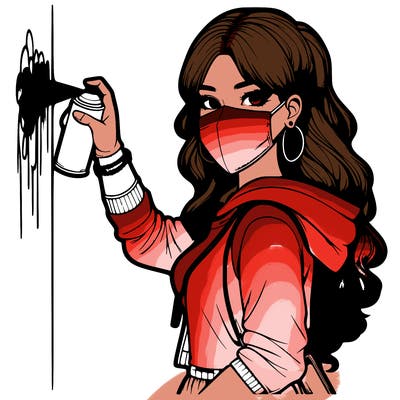 realistic girl with mask spray painting a wall