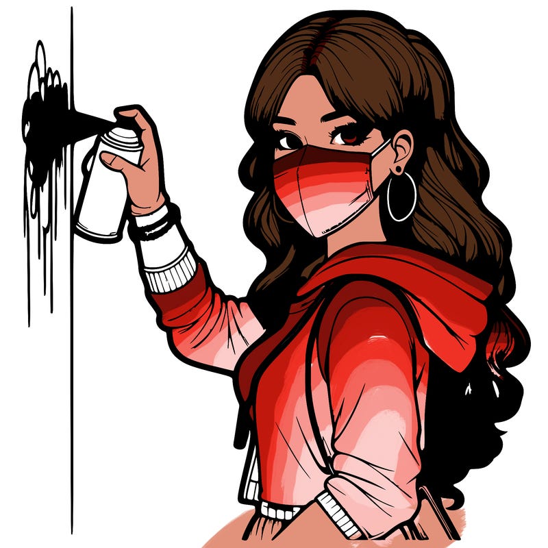 realistic girl with mask spray painting a wall