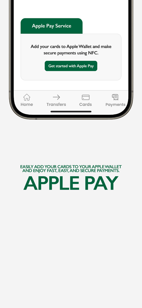 Interfaccia dell'app NBE Mobile per l'integrazione di Apple Pay e Apple Wallet