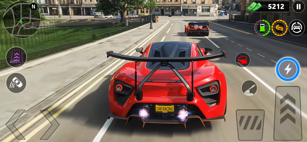 Open World Car Race Drive 3D - Un coche deportivo de lujo rojo conduciendo por una calle de la ciudad en un juego de carreras 3D.