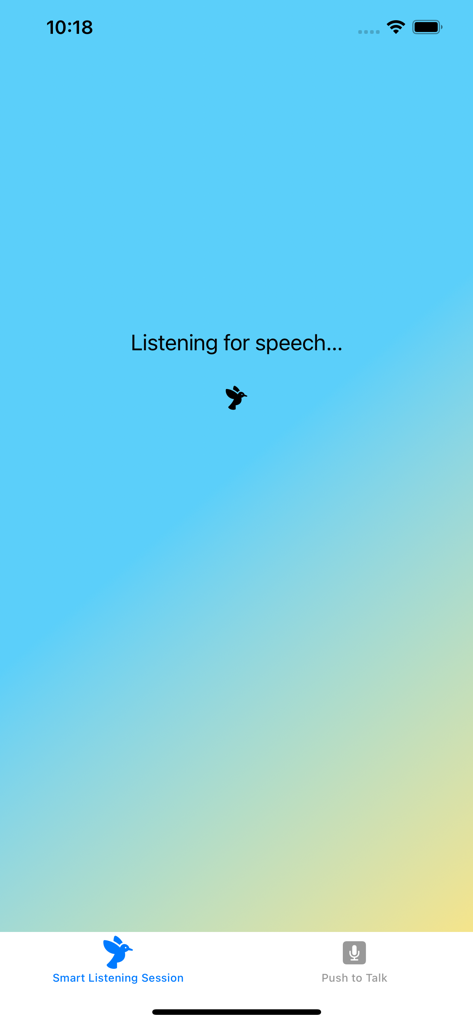 The interface of the Parakeet Smart Voice Toolkit app showing the smart listening session screen with the text Listening for speech.