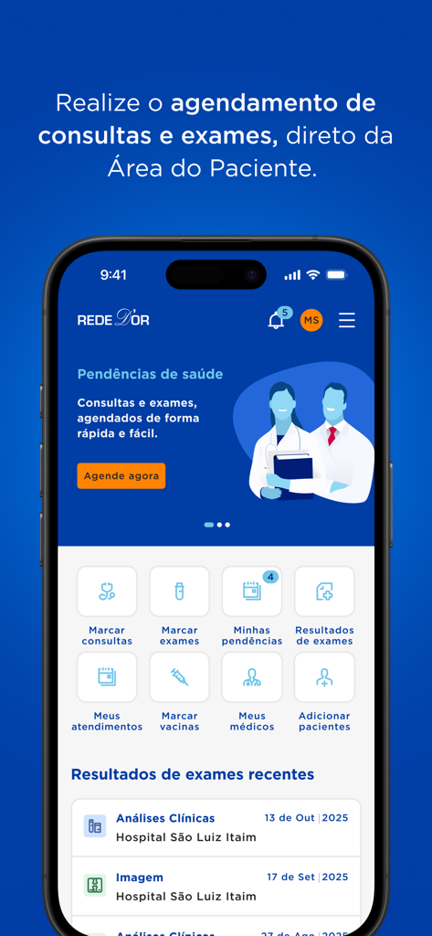 Captura de pantalla de la app móvil Rede Dor que muestra el panel del área del paciente para programar citas y verificar resultados de exámenes