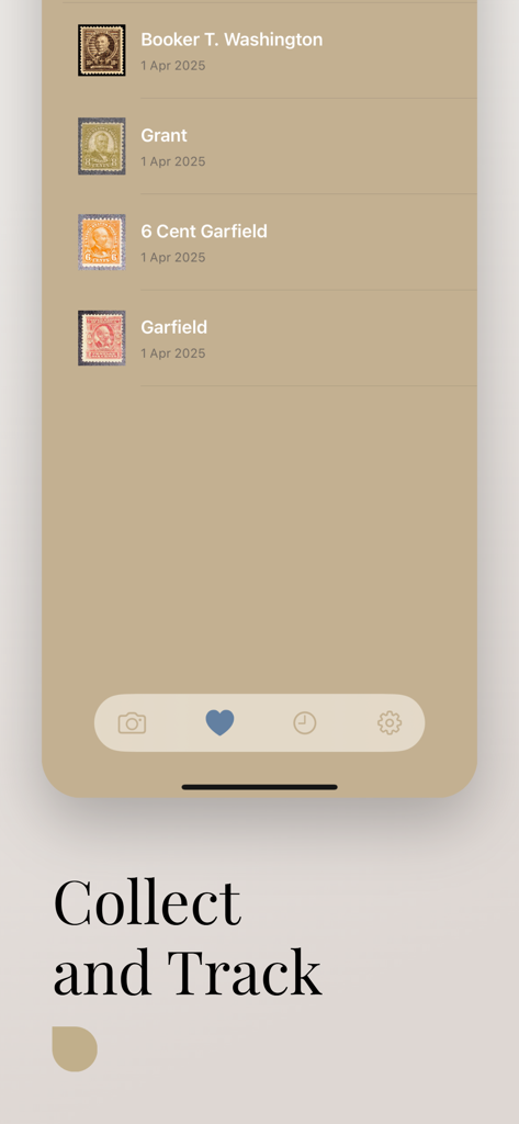 Stamp Identifier - Postage ID - A list of identified stamps in the Stamp Identifier app showing the Collect and Track screen