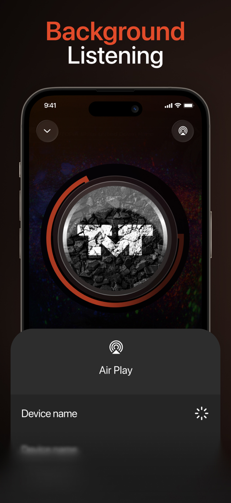 Radio FM AM・Local Stations - iPhone-Bildschirm, der Hintergrundwiedergabe und das AirPlay-Verbindungsmenü für einen Radiosender anzeigt