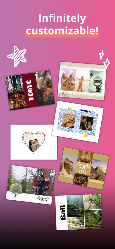 SimplyCards - custom postcard - Examples of custom travel and family postcards created with the SimplyCards app