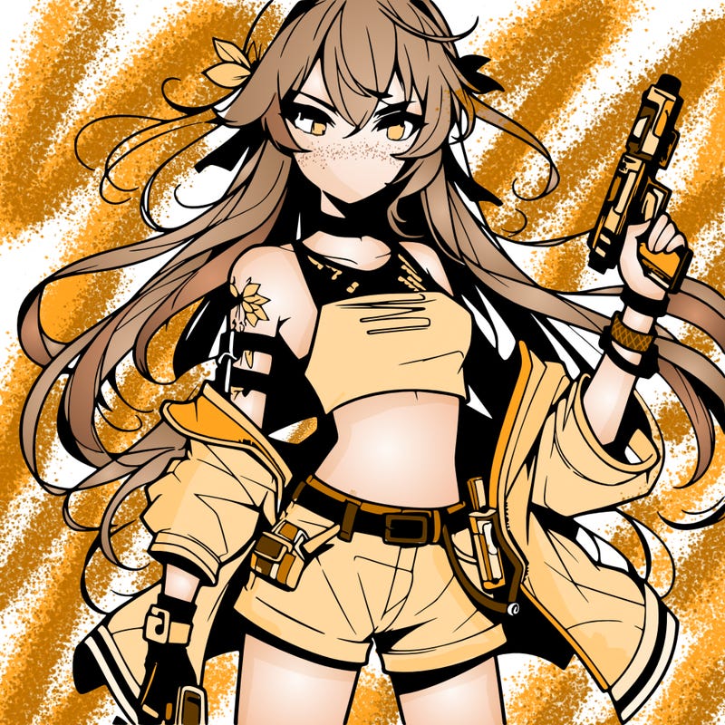 bad girl wearing crop top holding a gun long hair anime