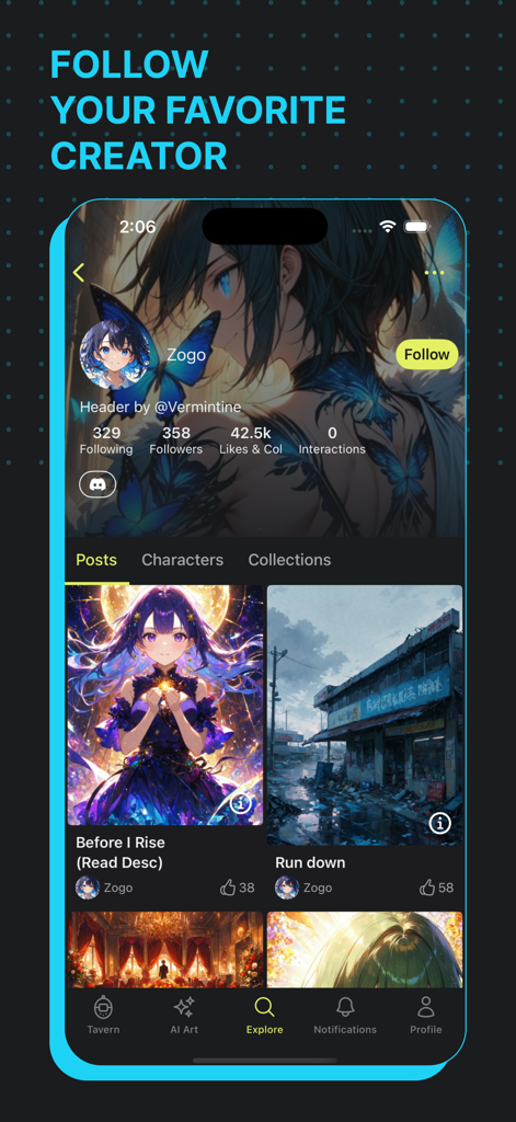Moescape - Character AI & Art - Interface of the Moescape app showing a creator profile with anime-style artwork and a follow button