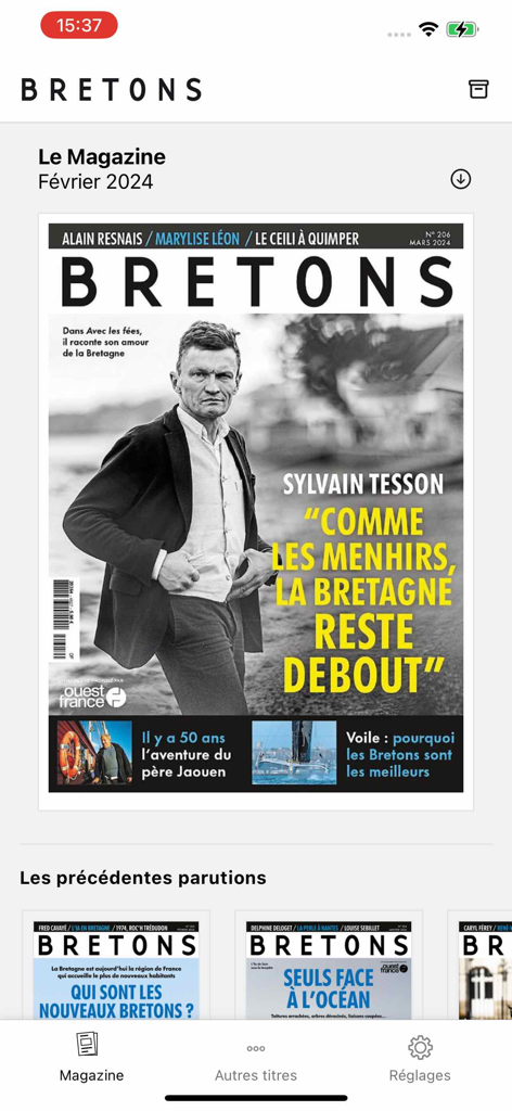 Bretons - A interface do aplicativo da revista Bretons mostrando a edição mais recente com Sylvain Tesson e publicações anteriores.
