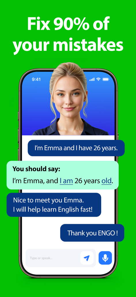 Master English - ENGO - マスターイングリッシュENGOインターフェイスに、AIアシスタントが英語学習者の文法ミスを修正している様子が表示されています
