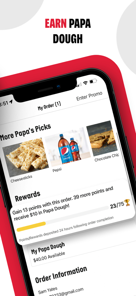 Papa Johns App-Bildschirm, der den Fortschrittsbalken der Prämien und verfügbares Papa Dough für die Essenslieferung anzeigt.