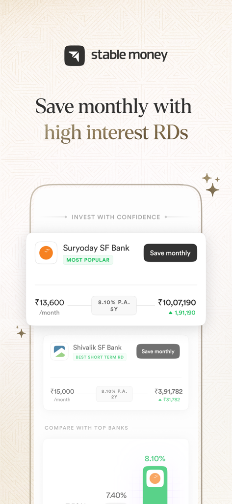 Stable Money app screen showcasing high interest recurring deposit options from various Indian banks with a monthly savings comparison.