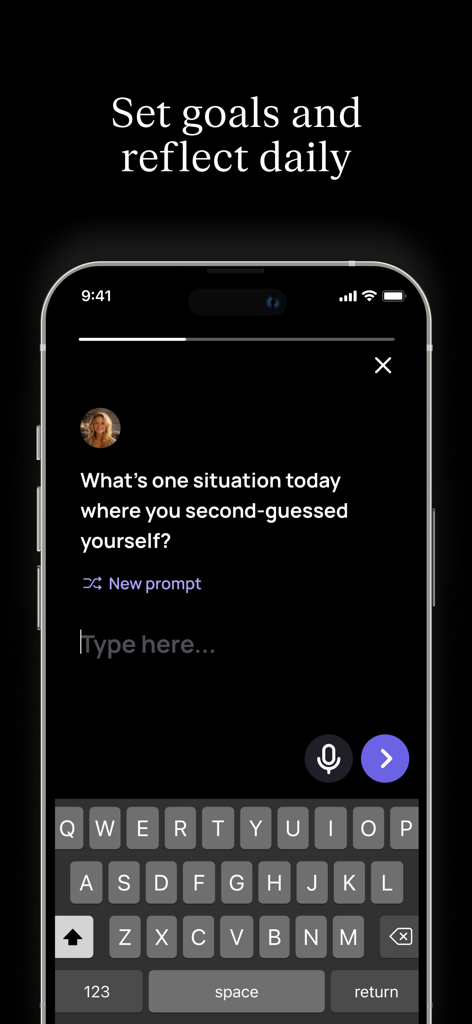 Amori: personal dating coach - Mobile app interface of Amori dating coach showing a daily reflection prompt about second-guessing yourself with an open keyboard.