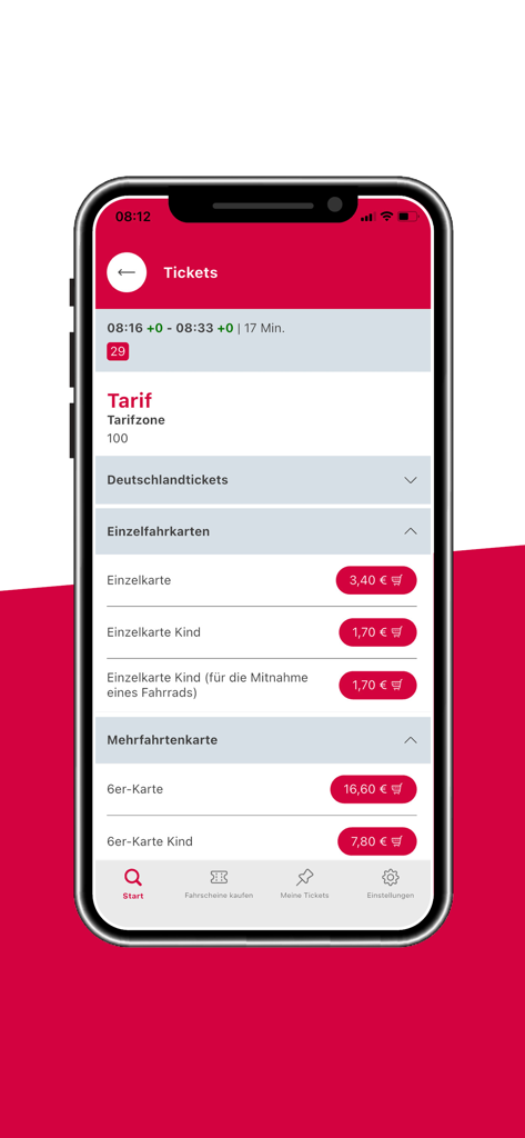 WVVmobil - WVVmobil App-Bildschirm mit Optionen und Preisen für Tickets des öffentlichen Nahverkehrs.