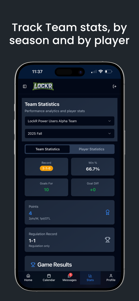 LockR App - Team Manager - LockR mobile app screen showing team performance statistics including win percentage and goals for