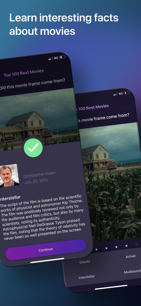 Cinema Quiz: films & actors - Cinema Quiz mobile app showing interesting facts and trivia about the movie Interstellar.