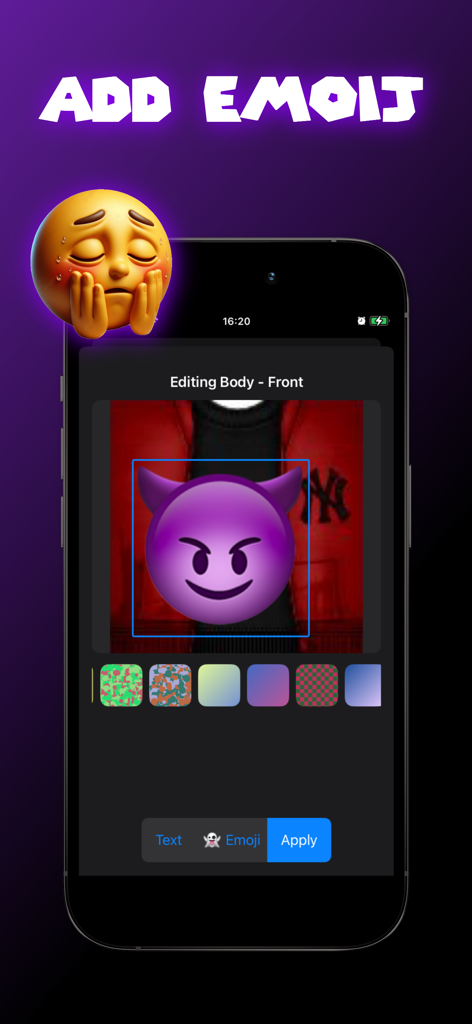 Eine mobile Oberfläche zum Hinzufügen von Emojis zu benutzerdefinierten Kleidungsdesigns für Roblox-Charaktere.
