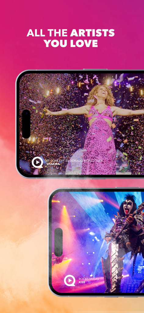 Smartphones, die Live-Konzertfilme von Shakira und KISS in der Qello-App anzeigen