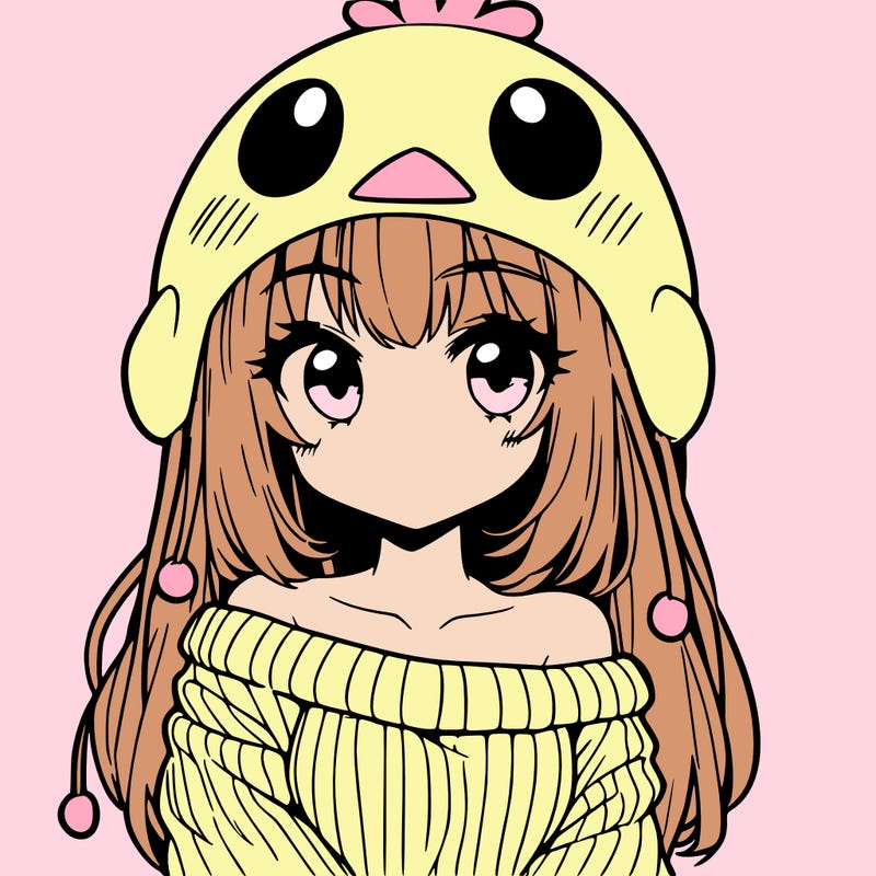 anime girl with chick shaped hat with sweater with bare shoulders with bangs covering them one eye with low tail