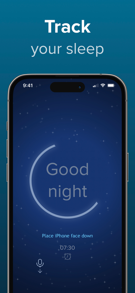 SnoreLab : Record Your Snoring - L'interface de l'application SnoreLab affiche l'écran de suivi du sommeil avec un message de bonne nuit sur un fond étoilé.