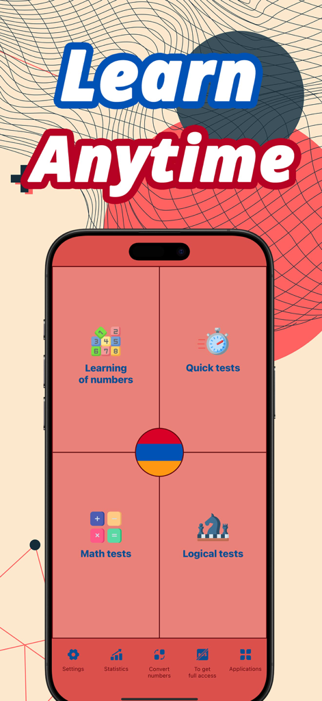 Numbers in Armenian language - Main interface of the Armenian numbers learning app featuring various test modes